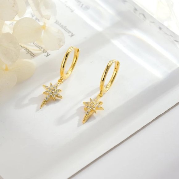 14k Gold Star Diamonds Huggie Hoop Earrings Sterling Silver - Picture 5 of 9